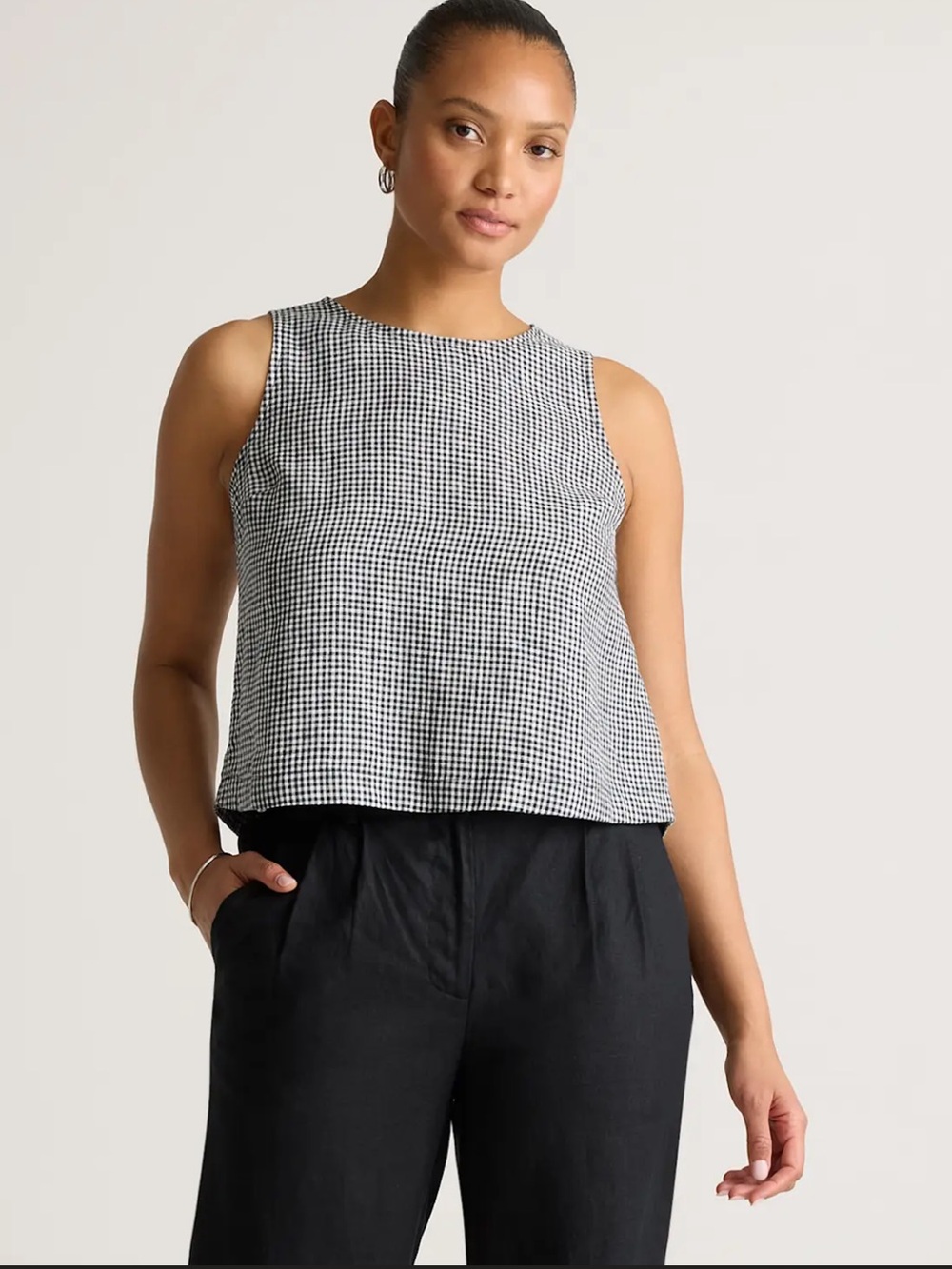Quince Gingham 100% European Linen Cropped Tank - Small